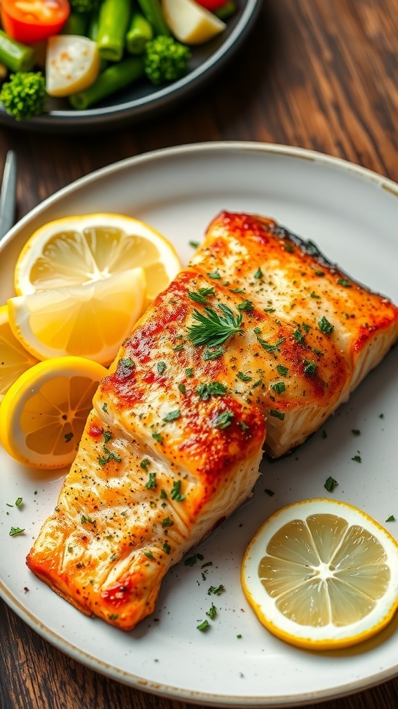 Crispy Air Fryer Salmon Recipe Crispy air fryer salmon fillet garnished with herbs and lemon on a rustic table.